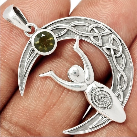 Other - Moldavite Celtic Crescent moon goddess pendant